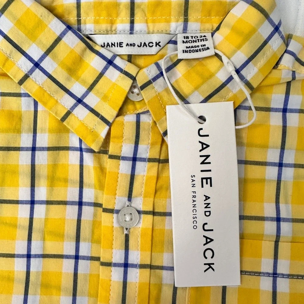 Janie and Jack Cuffed Button Down Plaid‎ Yellow Blue White Boys 18-24 Months NWT